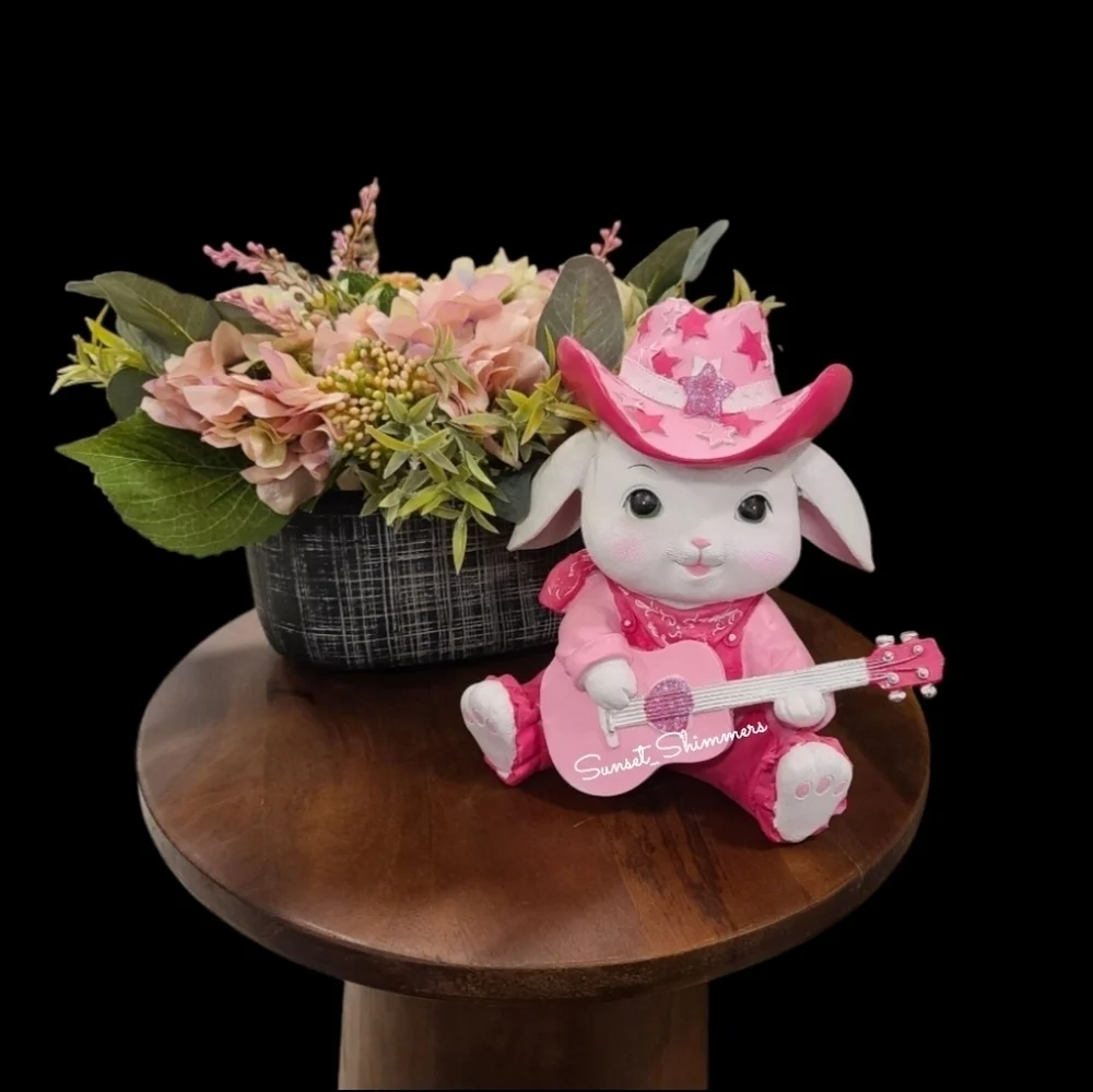 Bunny Girl Sparkly Pink Cowboy Hat Overalls Guitar Figure Decor